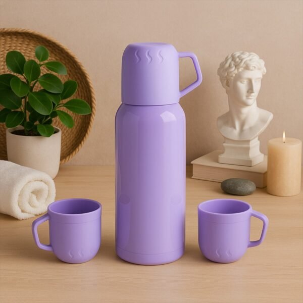 Purple Vacuum Flask Set – Stainless Steel Thermos with 3 Cups, Approx 500ml
